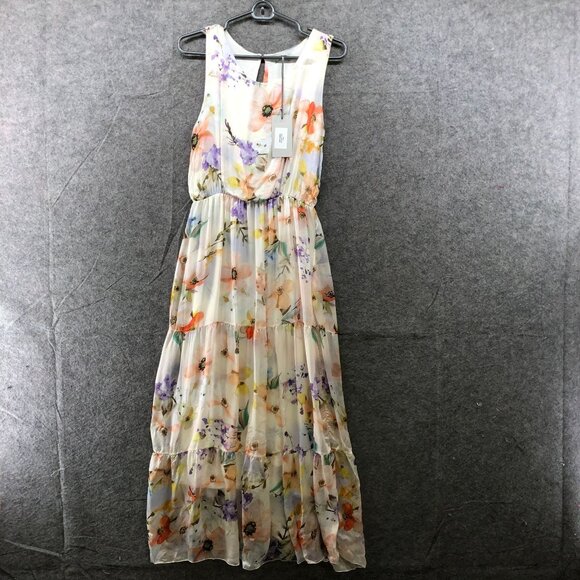 NWT Larag Silk Blend Floral Maxi Dress Size M Sleeveless A-Line Ivory Pink Italy - Picture 1 of 12